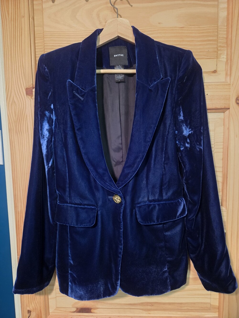 SMYTHE Blue Velour Peaked Lapel Blazer
